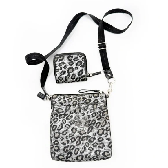 Coach Ocelot Leopard Print Crossbody Bag with Compact Wallet Black/Silver Fabric - Picture 5 of 17